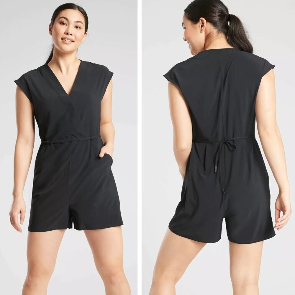 Athleta Marlow Black Stretch Faux Wrap Romper 20777